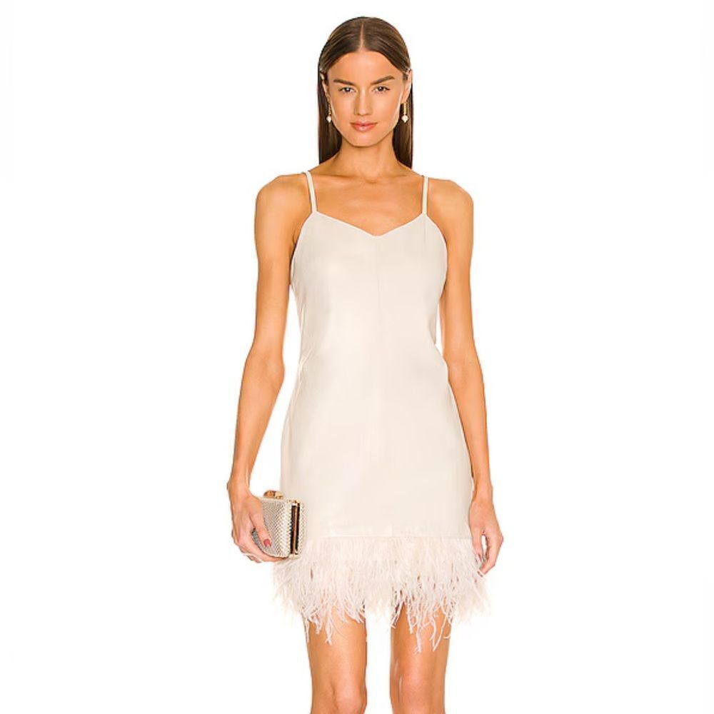 Lamarque Abella Dress Lambskin Leather Feather trim bone white mini Revolve M